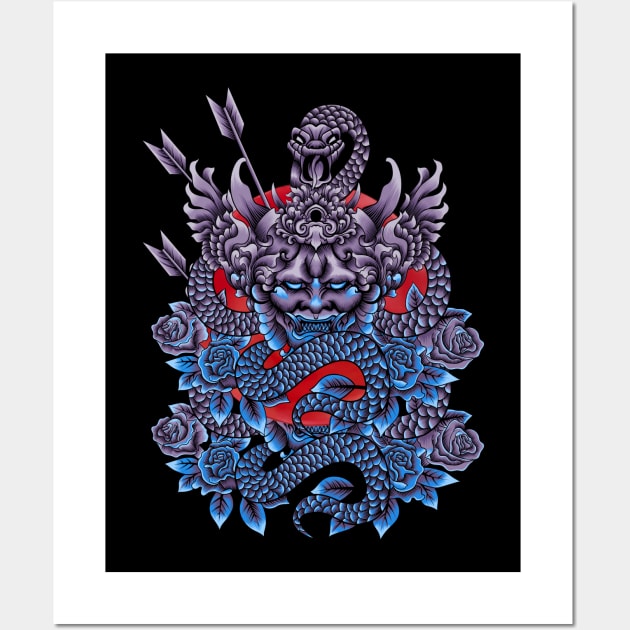 The blue snake coiled around the Hannya Mask Wall Art by Suga Collection